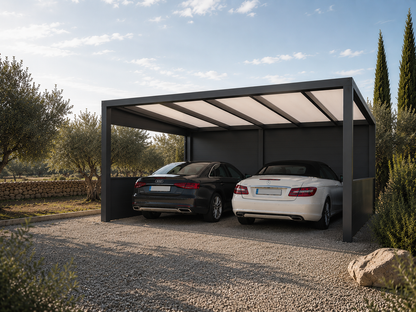 Tetto freestanding carport in anthracite from the front showing four-post configuration