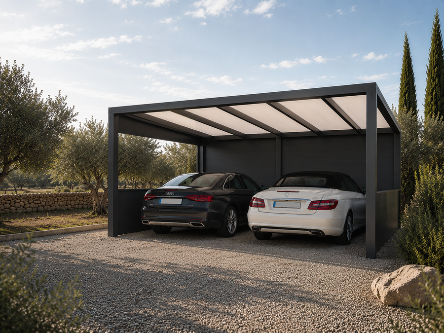 Tetto freestanding carport in anthracite from the front showing four-post configuration