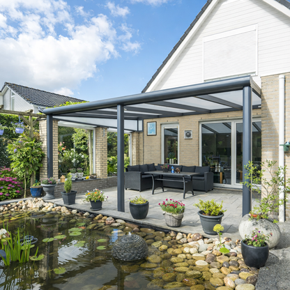 The Cascina modular aluminium veranda in anthracite wall-mounted to a contemporary home