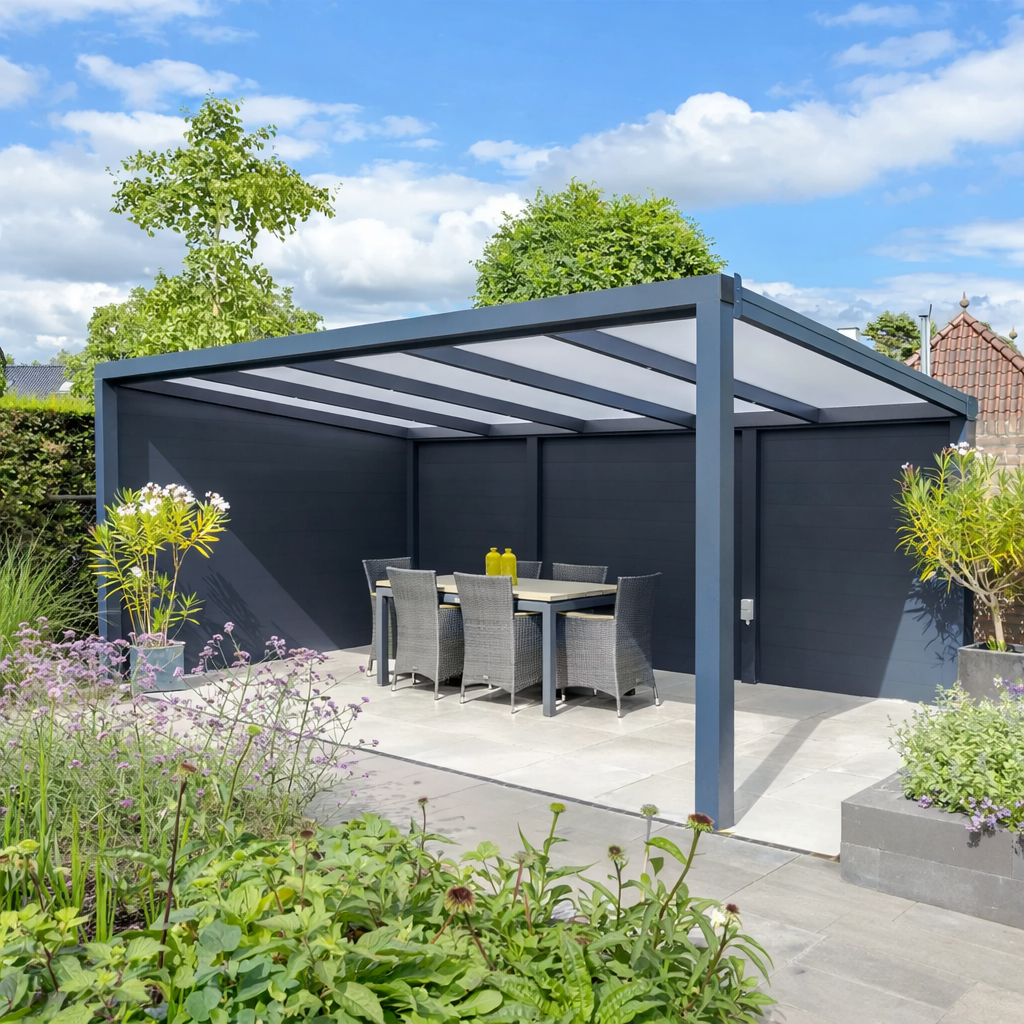 Deponti Ribolla freestanding aluminium pergola in anthracite standalone in a rear garden