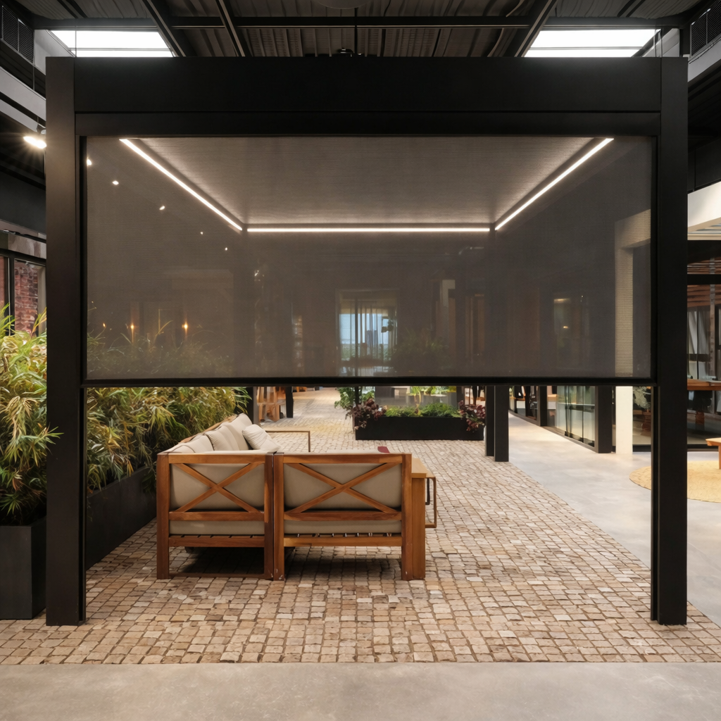 Roma Cortina motorised zip screen in anthracite raised, pergola side fully open