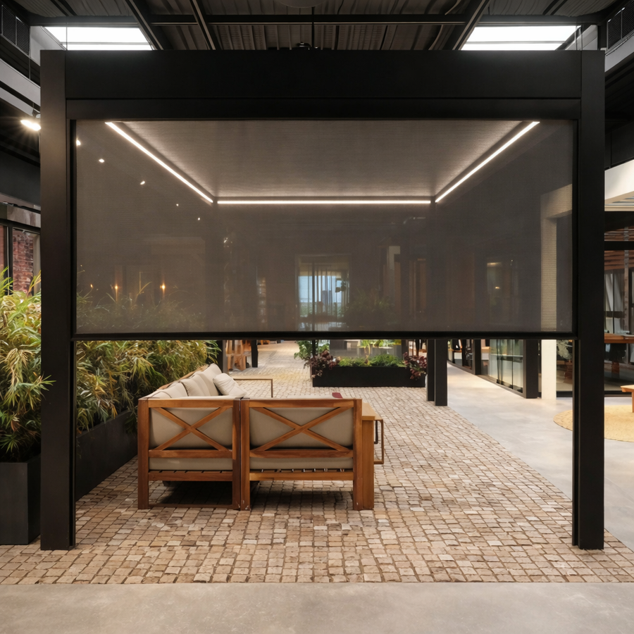 Roma Cortina motorised zip screen in anthracite raised, pergola side fully open