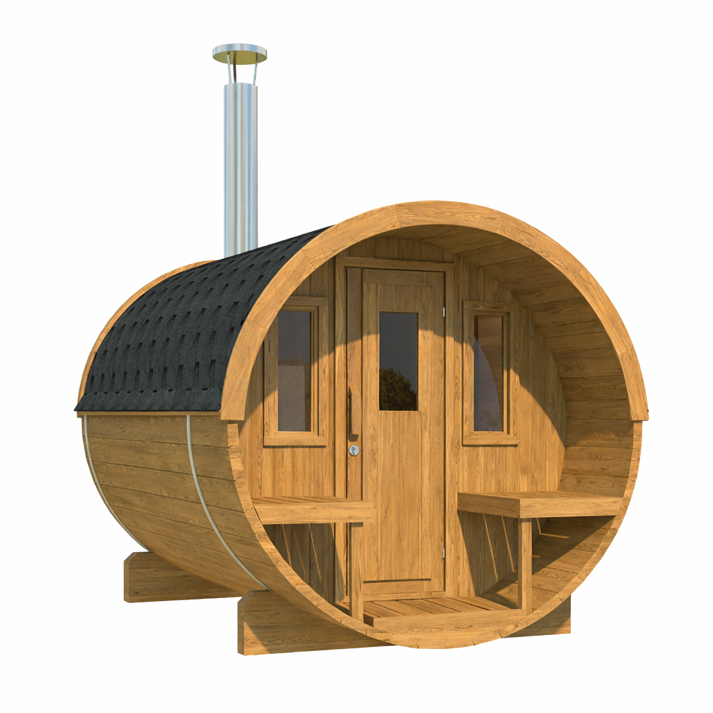 Charnia 250 Plus 4 Person Outdoor Barrel Sauna with Terrace product exterior view