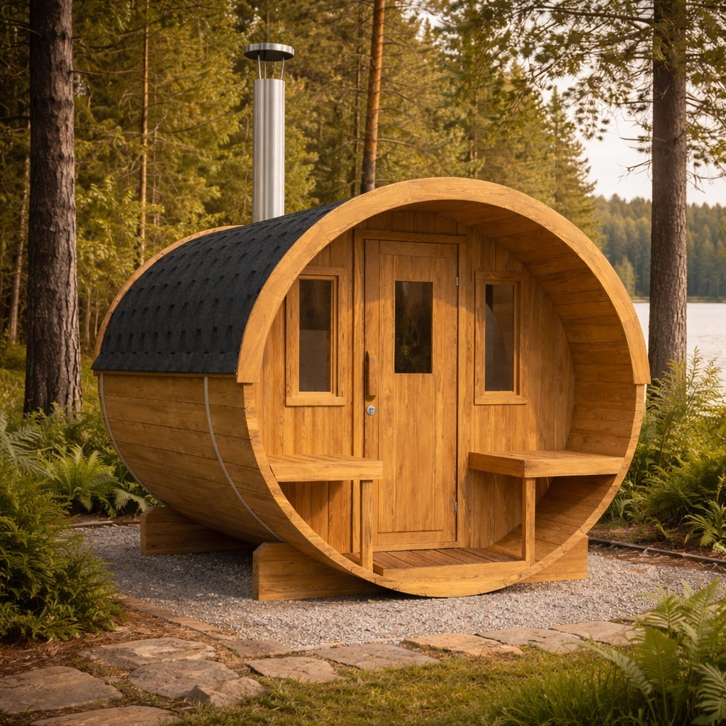 charnia 250 plus 4 person outdoor barrel sauna with terrace product exterior view — view 3