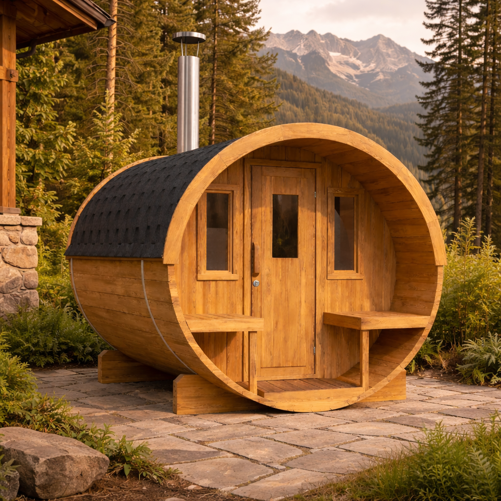 charnia 280 classic 6 person outdoor barrel sauna with terrace product exterior view — view 4
