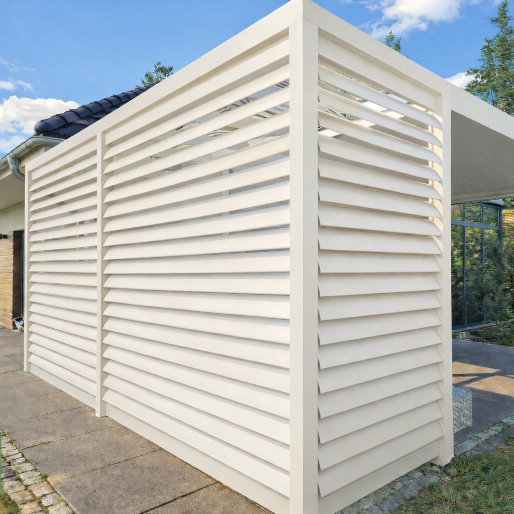 Rotatable louvre side panel in black, slats angled to screen afternoon sun