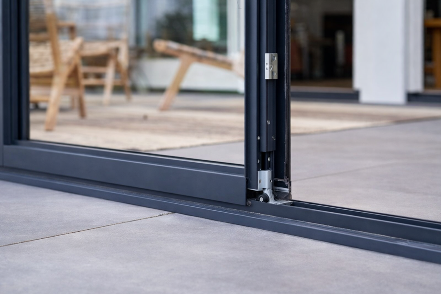 The Roma Vista slide and turn system in anthracite, low threshold visible at floor level