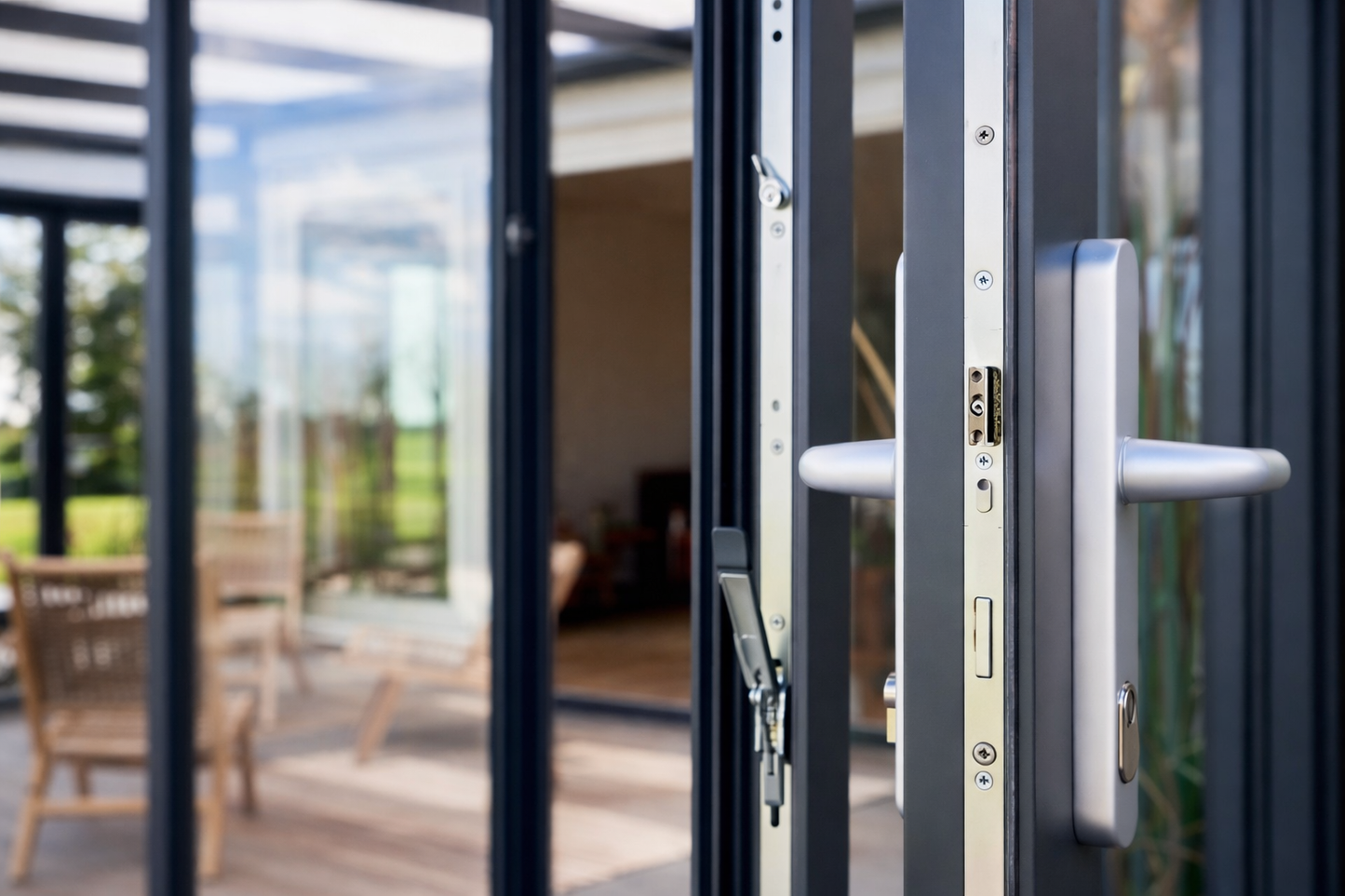 Roma Vista glass doors in anthracite on a wide veranda, panels stacked to master door