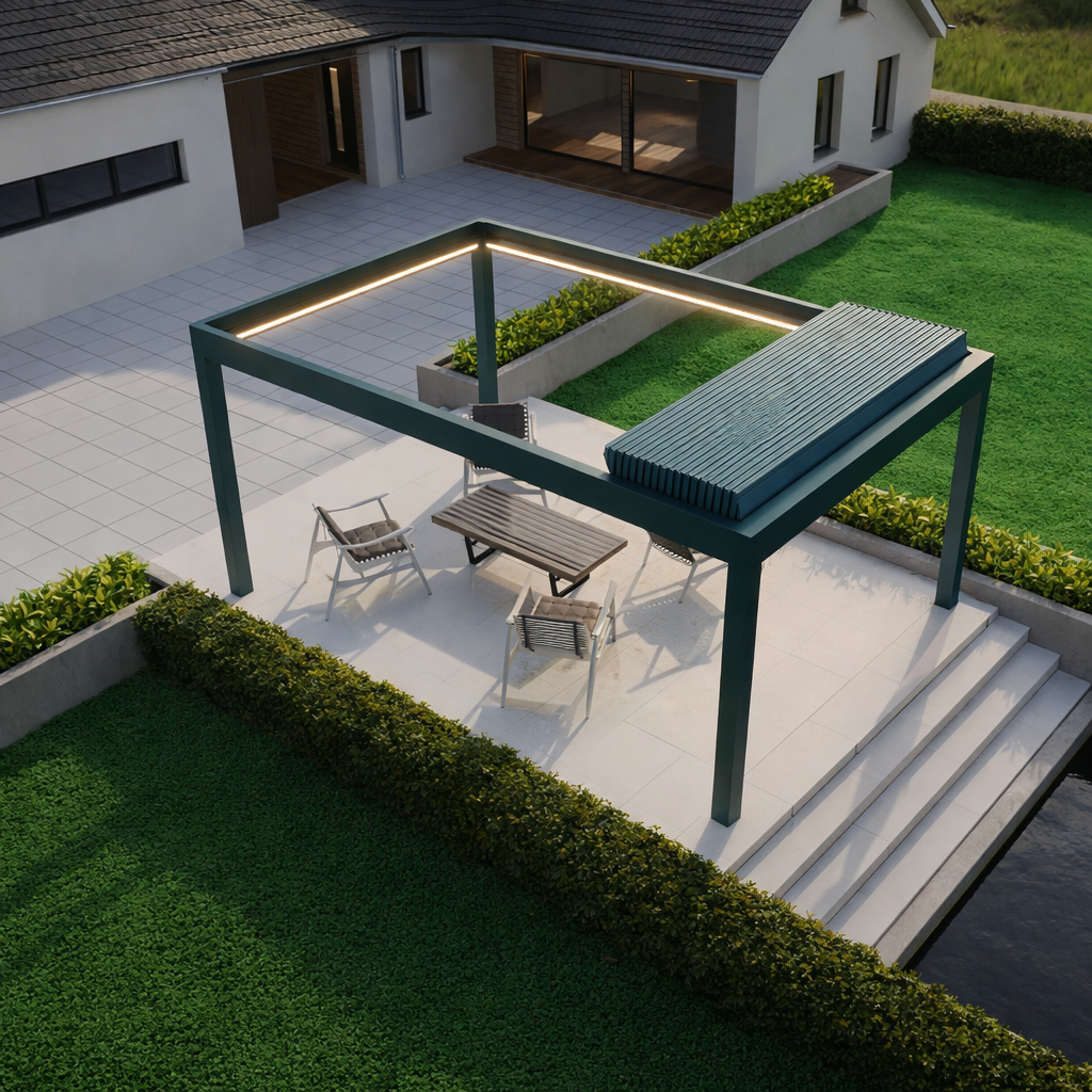 Pinela Deluxe Plus pergola in anthracite freestanding in a rear garden