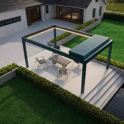 Pinela Deluxe Plus pergola in anthracite freestanding in a rear garden