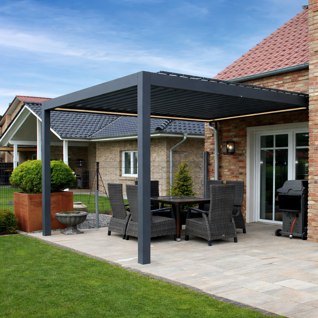 Deponti Pinela motorised louvred pergola in anthracite with Somfy remote, louvres angled