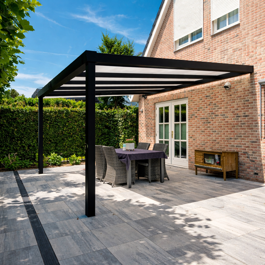 Giallo Plus glass veranda in anthracite from garden showing minimal post configuration