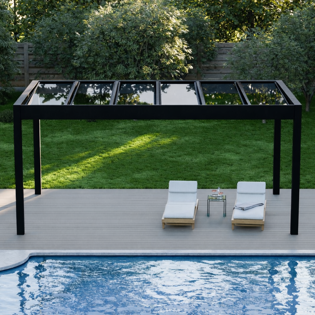 The Cristallo pergola in anthracite freestanding in a garden, no wall fixing