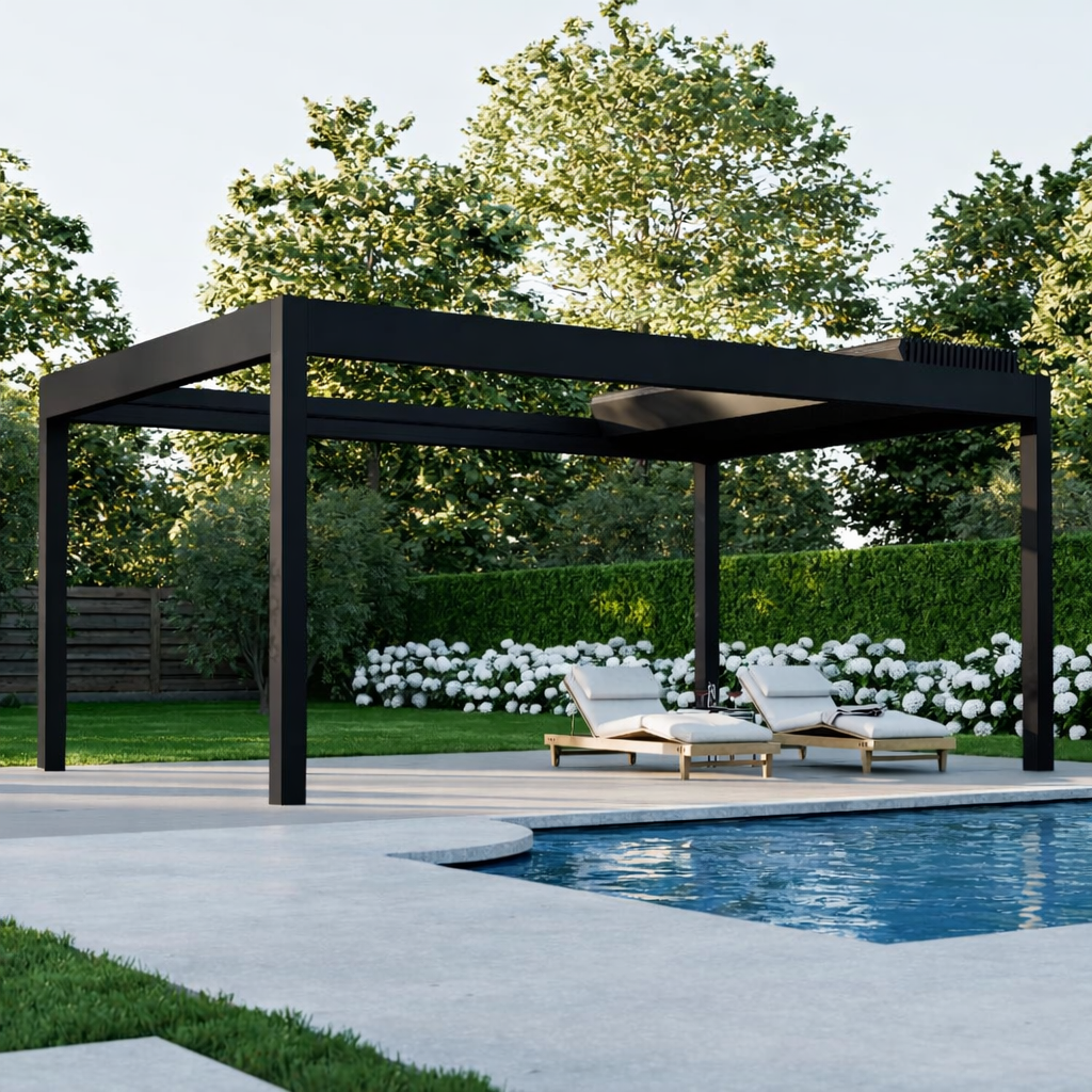Aperto pergola in anthracite wall-mounted on a contemporary home, morning light