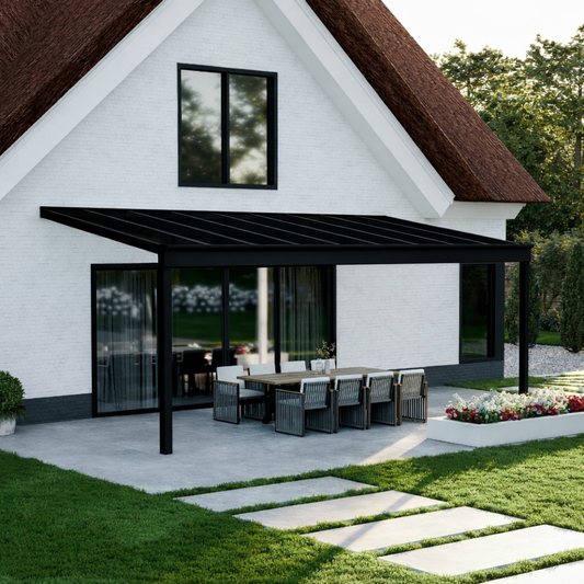Pigato Plus veranda in anthracite from garden showing glass roof and slim post profile