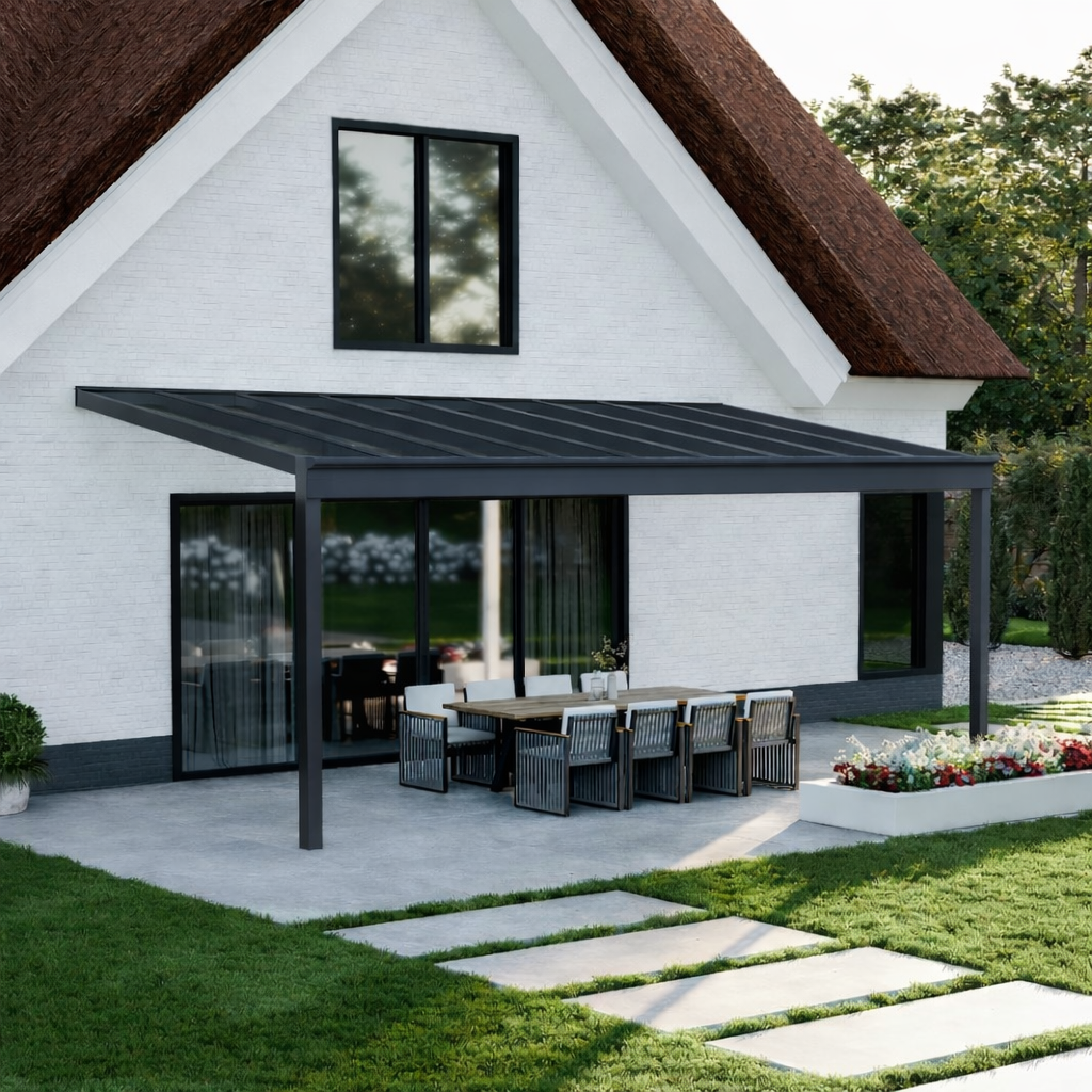 The Pigato Plus veranda in anthracite interior view, laminated glass roof above
