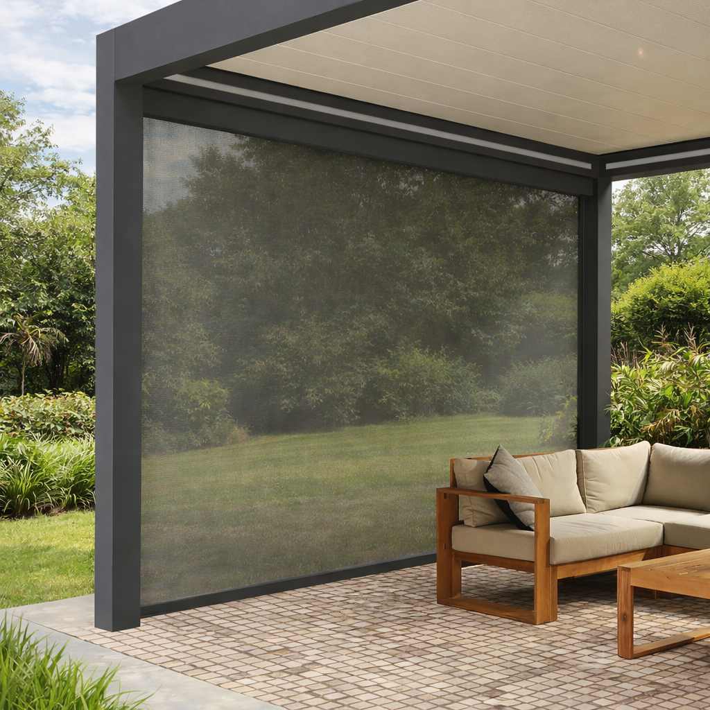Roma Cortina motorised side screen in anthracite partially lowered on a pergola