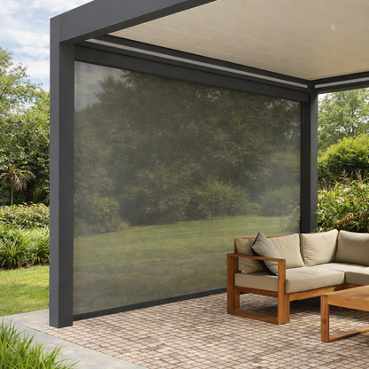Roma Cortina motorised side screen in anthracite partially lowered on a pergola