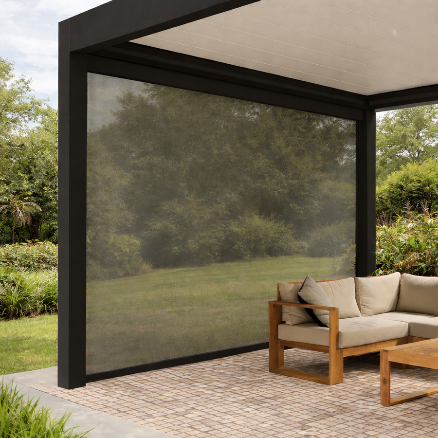 Roma Cortina motorised side screen in anthracite at dusk with pergola LED active