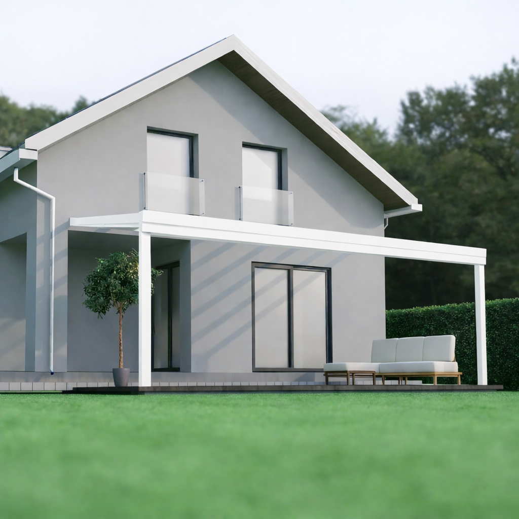 The Giallo Plus polycarbonate veranda in white on a rendered home, rear aspect