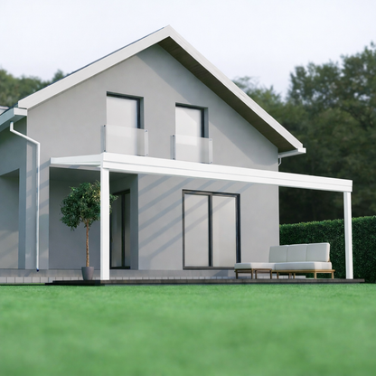 The Giallo Plus polycarbonate veranda in white on a rendered home, rear aspect