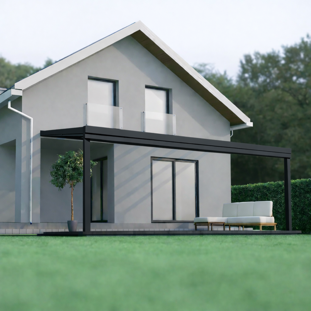 Giallo Plus polycarbonate veranda in anthracite from garden, wide span visible
