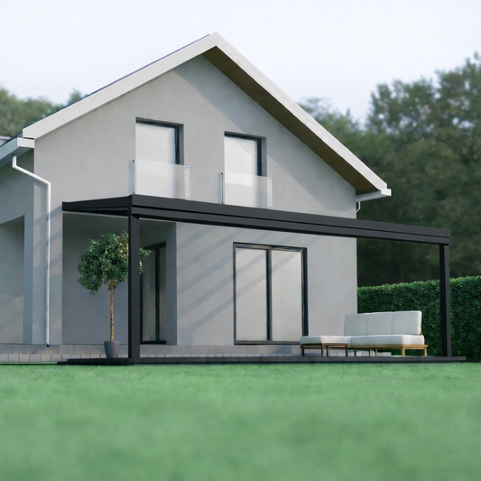 Giallo Plus polycarbonate veranda in anthracite from garden, wide span visible