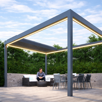 Pinela Deluxe retractable pergola in anthracite from garden, Somfy-controlled panels open