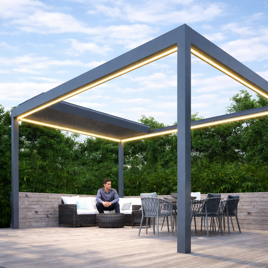 Pinela Deluxe retractable pergola in anthracite from garden, Somfy-controlled panels open