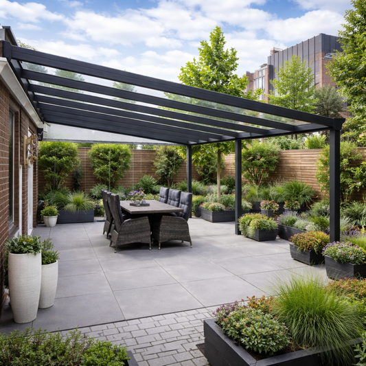 Deponti Pigato Plus wide-span glass veranda in anthracite spanning 7m on minimal posts