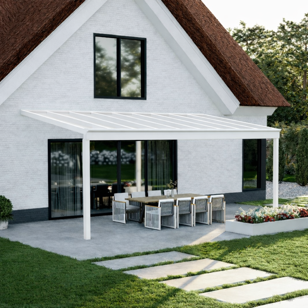 Pigato Plus veranda in white on a contemporary home, wide span visible from garden