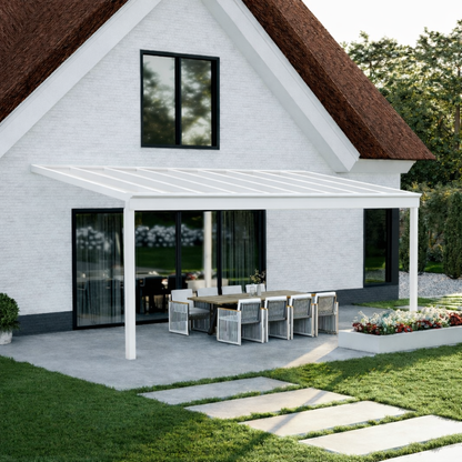 Pigato Plus veranda in white on a contemporary home, wide span visible from garden