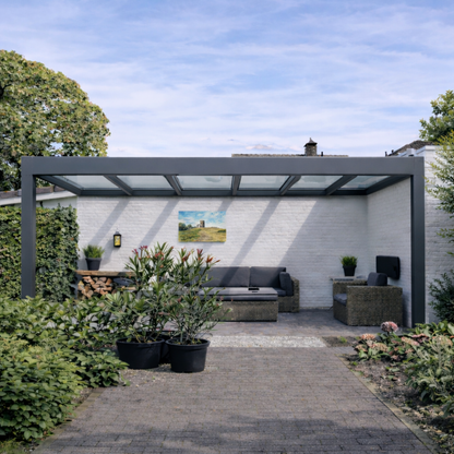 The Trebbiano veranda in anthracite interior view showing 8.8mm safety glass overhead