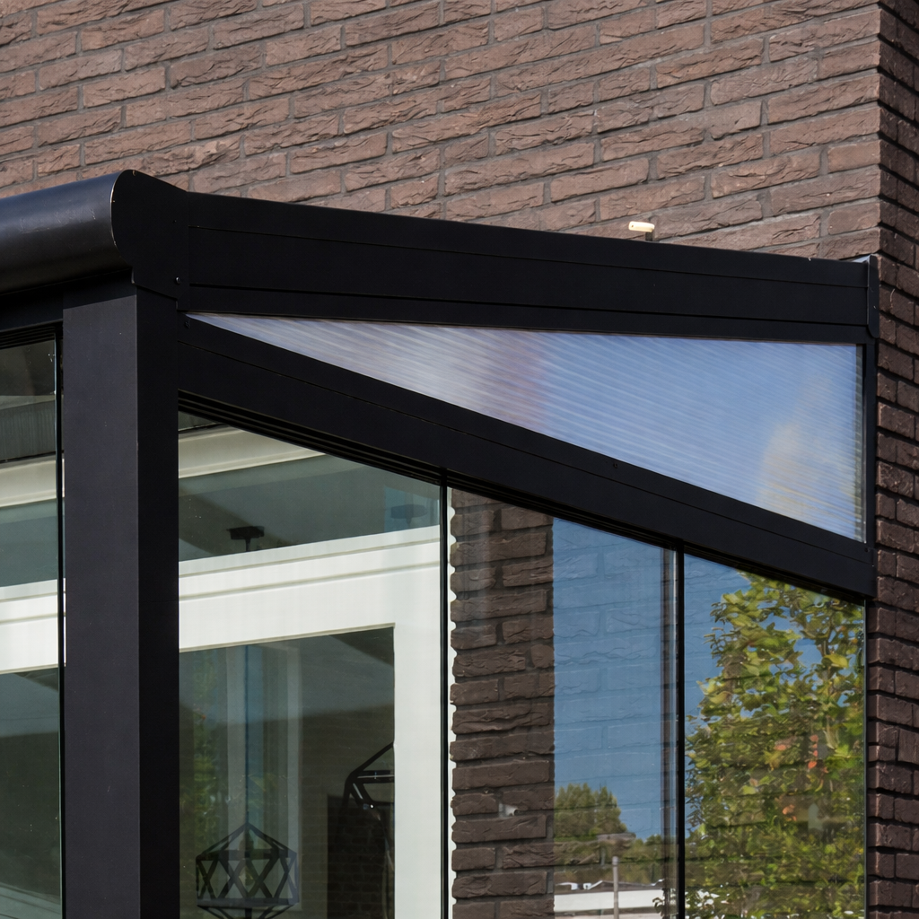 Polycarbonate key frame gable panel in anthracite installed in veranda sloped gable end