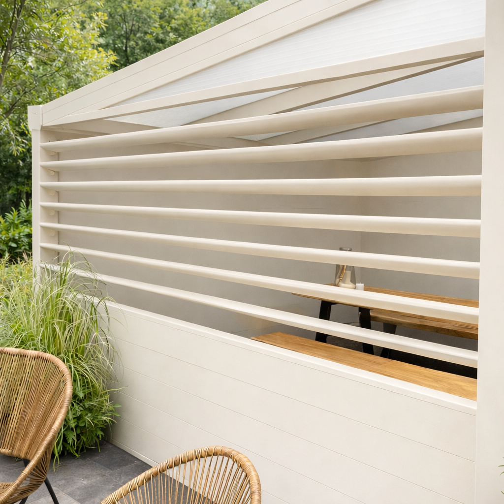 Rotatable aluminium louvre panel in anthracite from outside with slats at 45 degrees