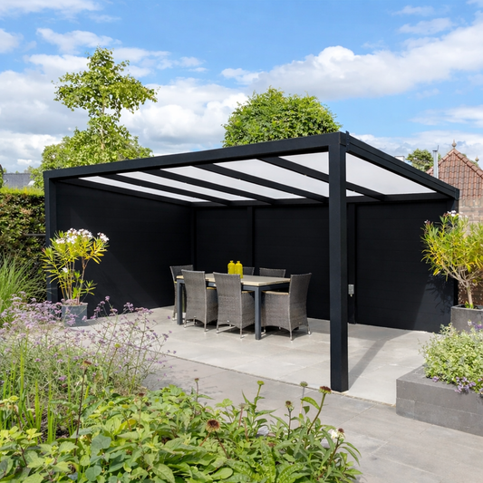 Ribolla freestanding pergola in anthracite from the side showing four-post configuration