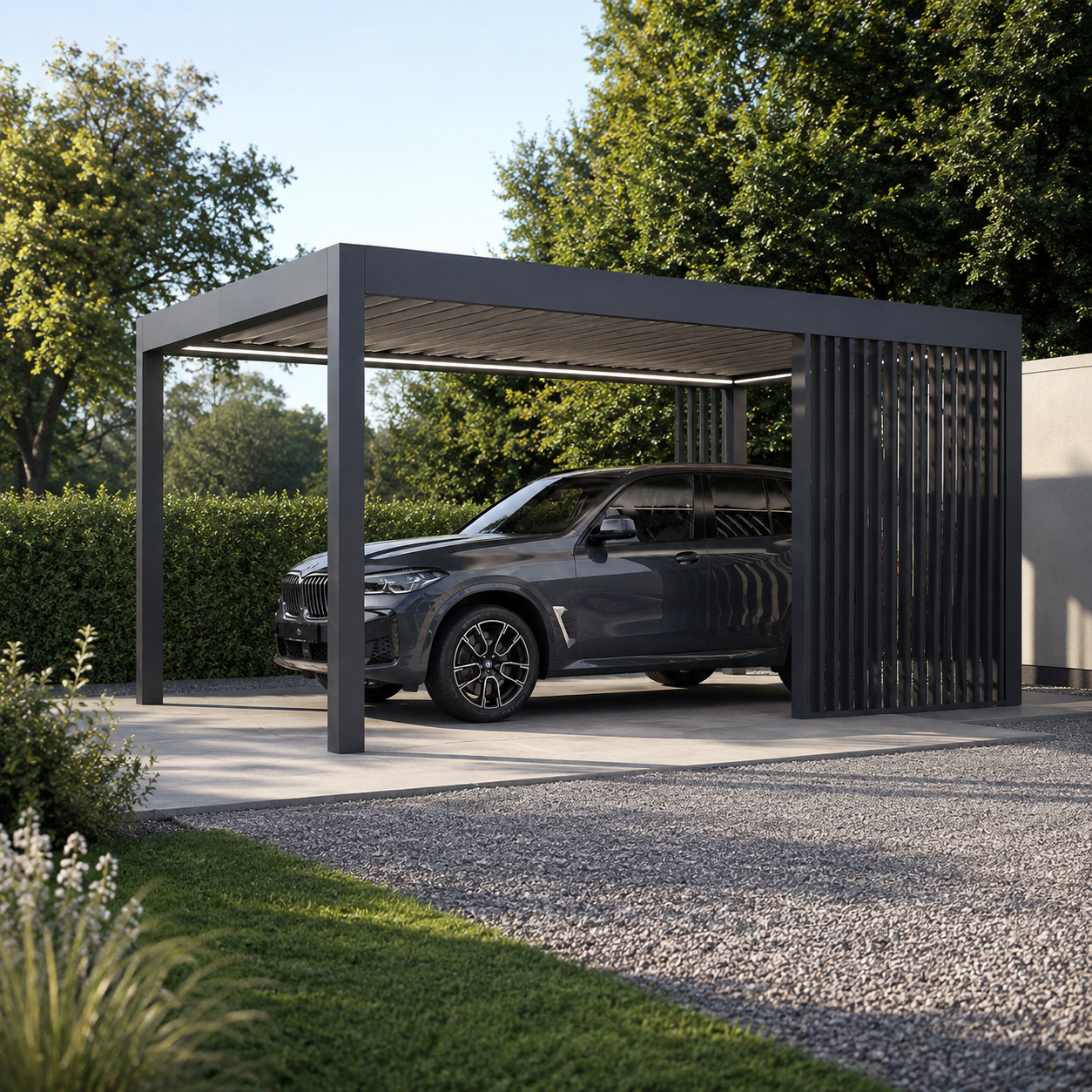 The Riposo aluminium carport in anthracite covering a parked vehicle on a modern driveway