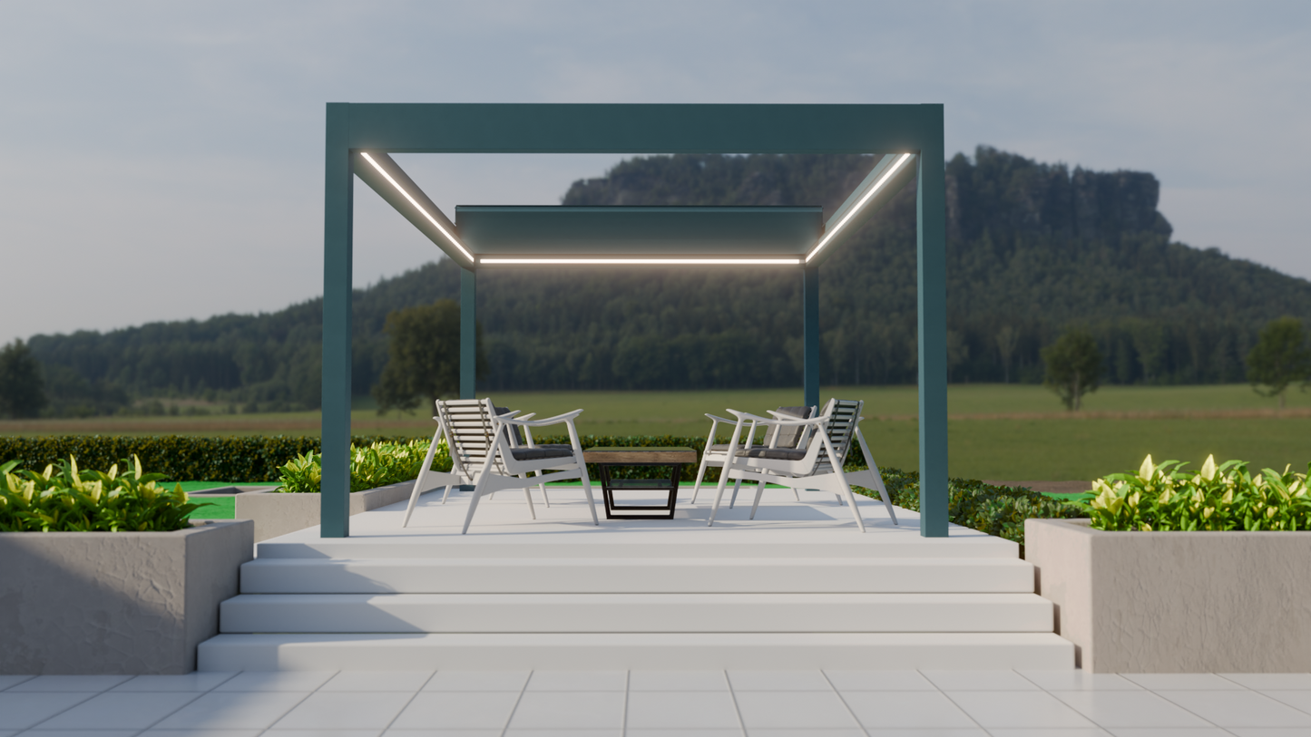 Pinela Deluxe Plus pergola in white spanning 7m, panels fully open in sunshine