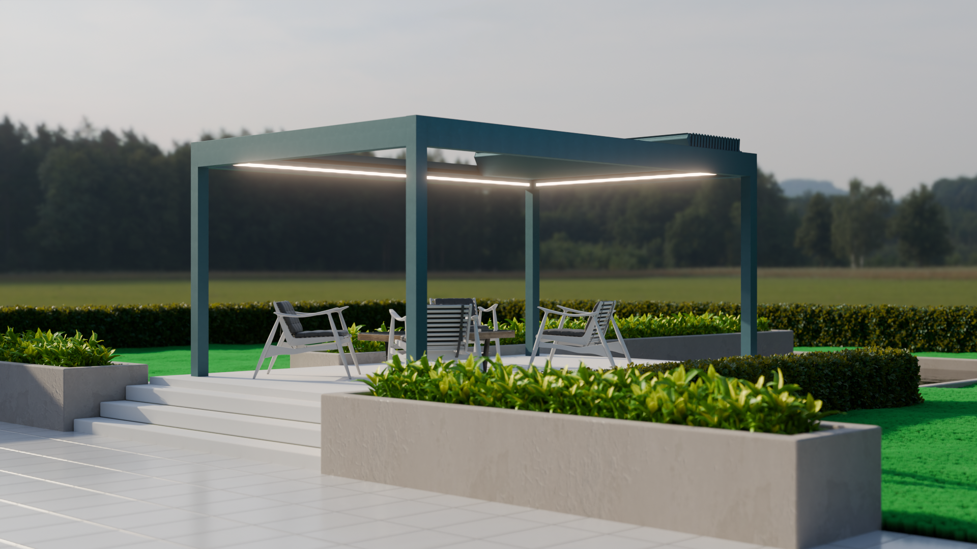 The Aperto pergola panels close-up showing aluminium louvre slat and drive mechanism