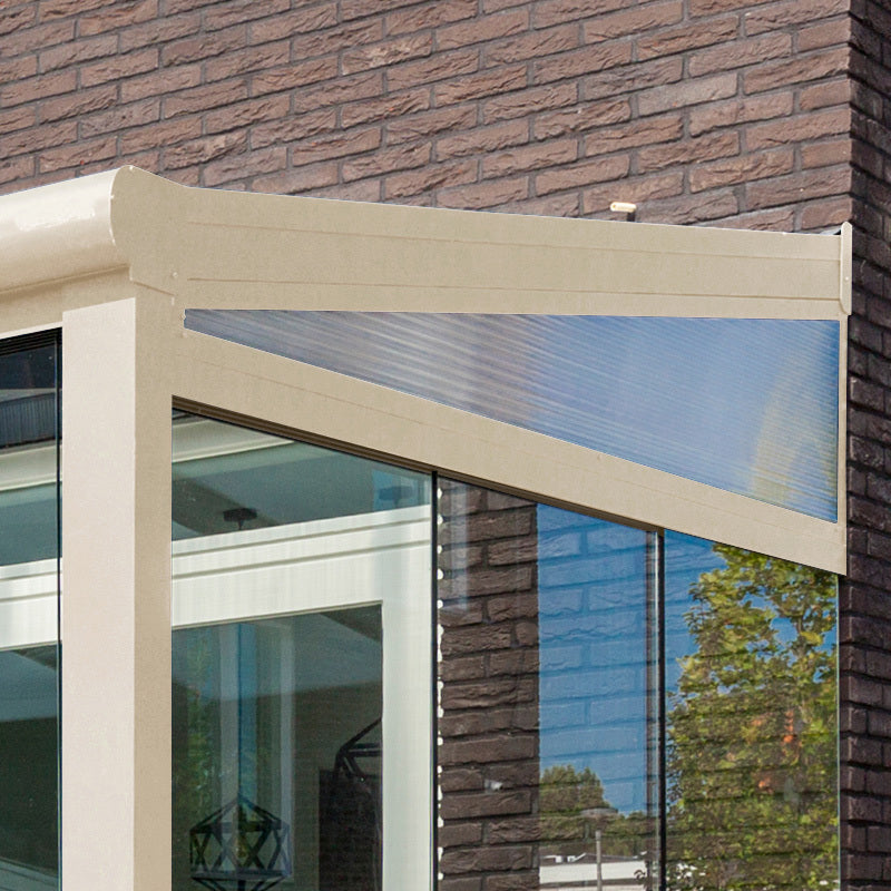 Polycarbonate key frame panel in cream frame for sloped veranda gable end closure