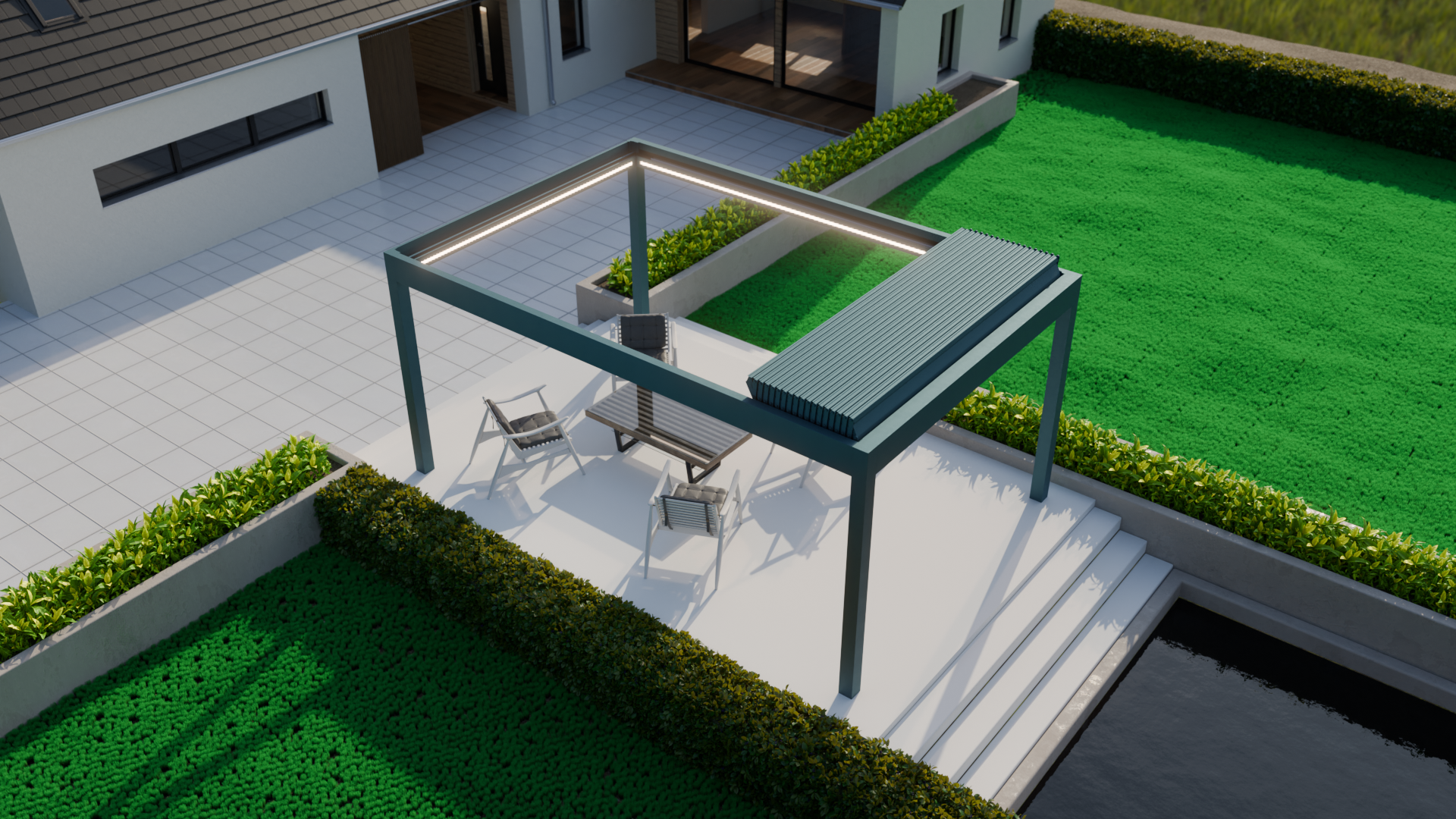 The Aperto pergola in anthracite from inside at dusk, LED lighting active overhead