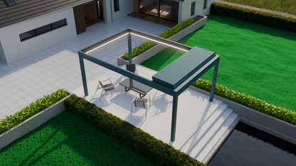The Aperto pergola in anthracite from inside at dusk, LED lighting active overhead