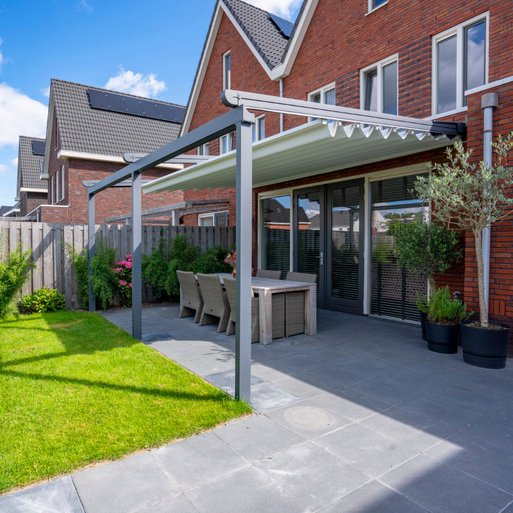 Deponti Verdeca folding roof veranda in anthracite with fabric roof fully open to the sky