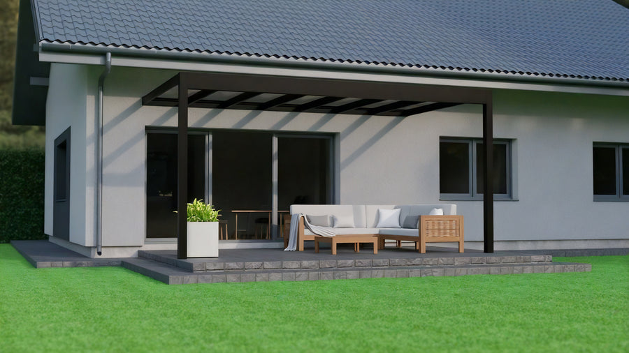 Aluminium Flat Roof Veranda | Deponti Trebbiano | 8.8mm Safety Glass | Spans Up To 7m | Integrated LED | Low-Height Compatible