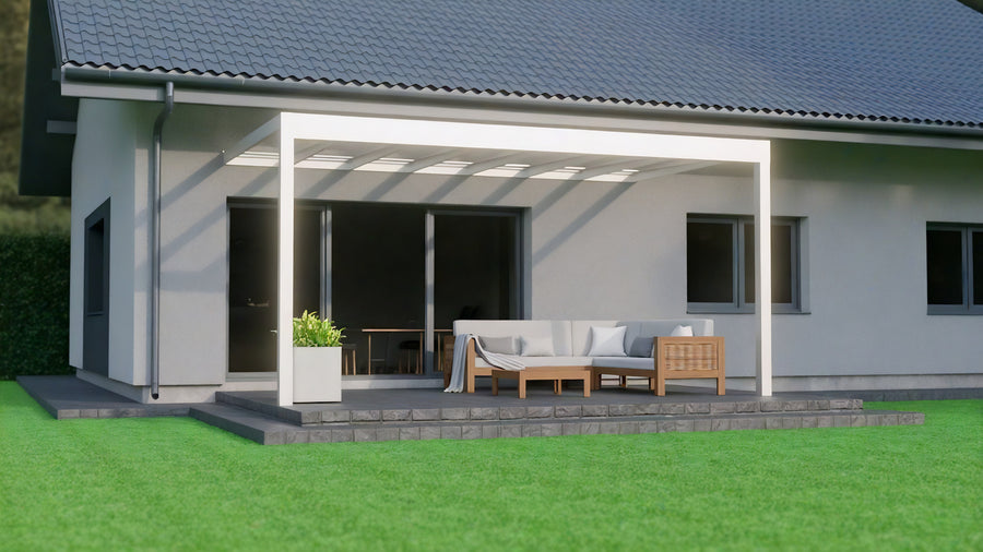 Aluminium Flat Roof Veranda | Deponti Trebbiano | 8.8mm Safety Glass | Spans Up To 7m | Integrated LED | Low-Height Compatible