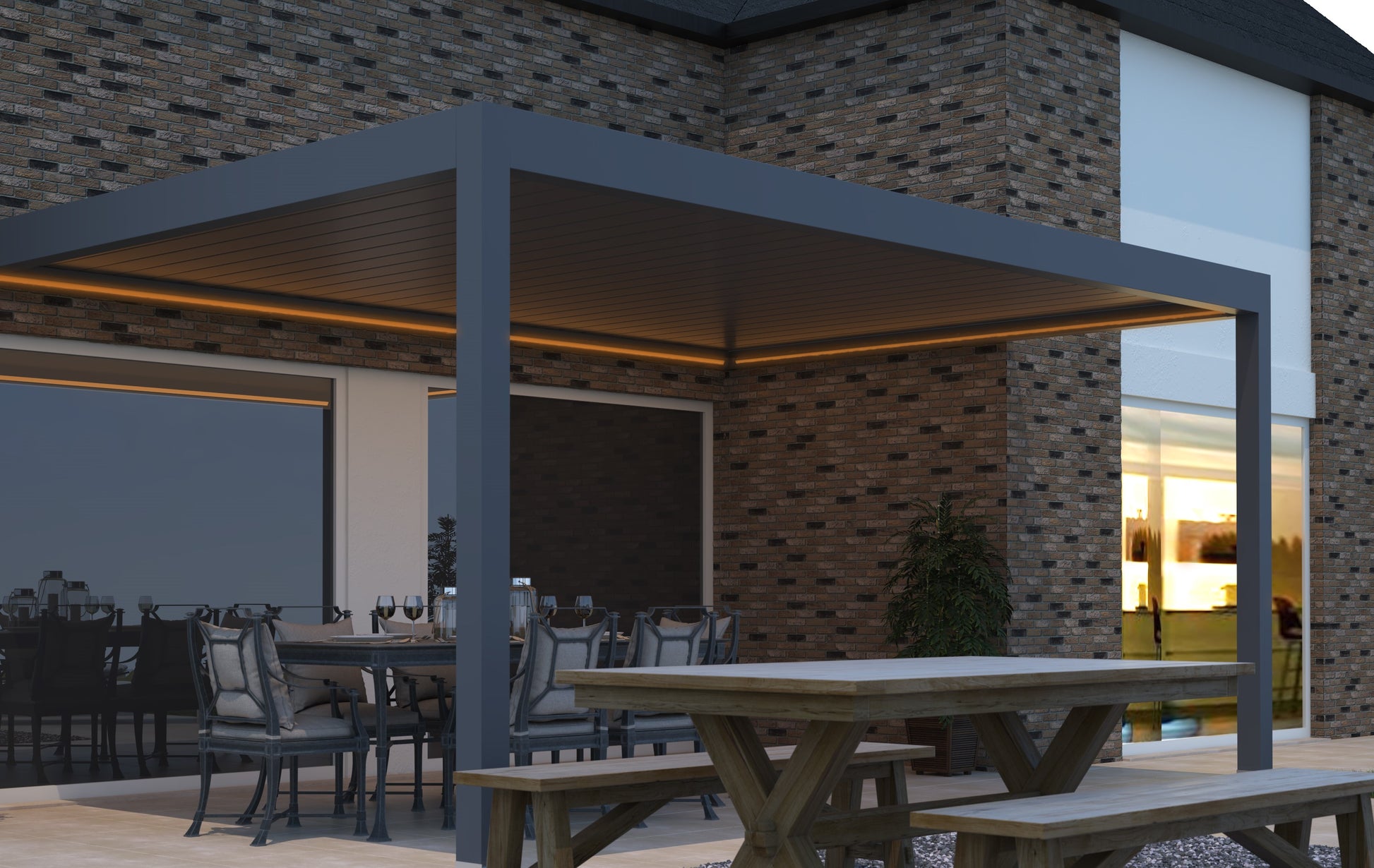 The Portico pergola in white wall-mounted on a modern rendered home