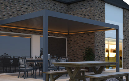 The Portico pergola in white wall-mounted on a modern rendered home