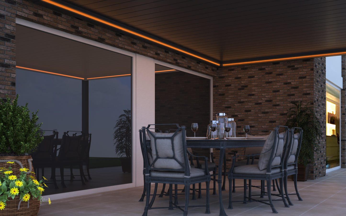 Portico pergola in white from inside at dusk, LED-lit patio below