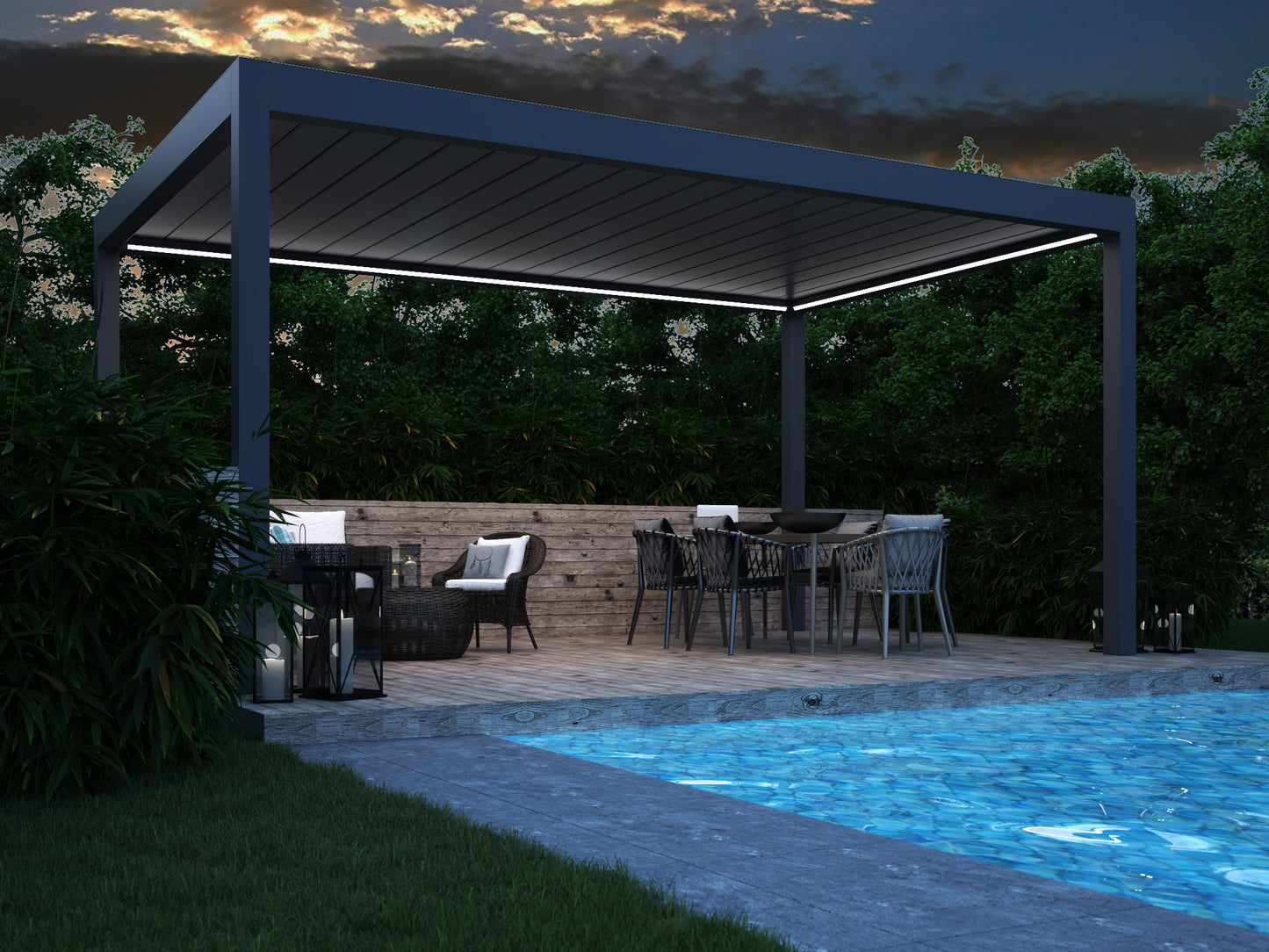 Portico pergola in white wall-mounted with louvres open, outdoor seating below