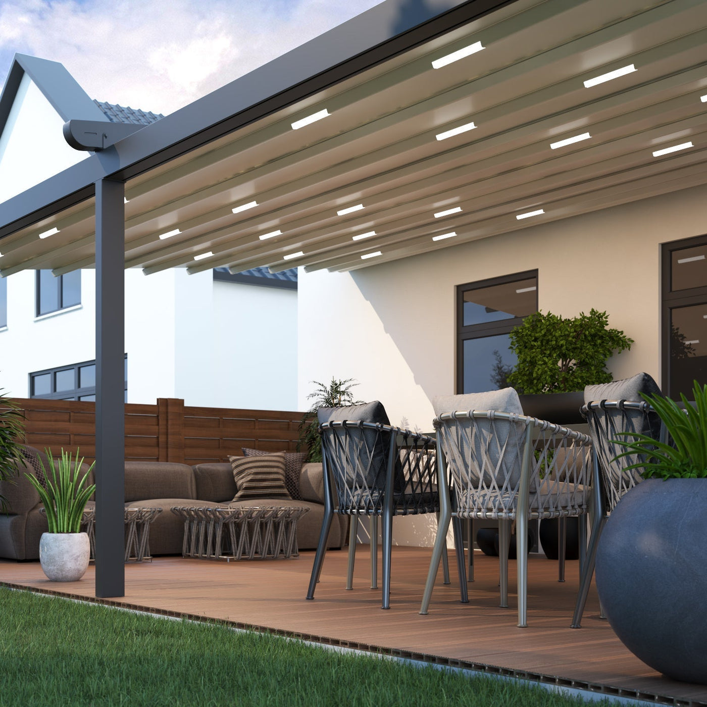 Aluminium Folding Roof Veranda | Deponti Verdeca | Retractable Waterproof Fabric Roof | Integrated LED | Concealed Drainage Through Posts